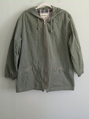 Eddie Bauer Women's Vintage Olive Green Chore Coat Zip Up With Hood Size Large